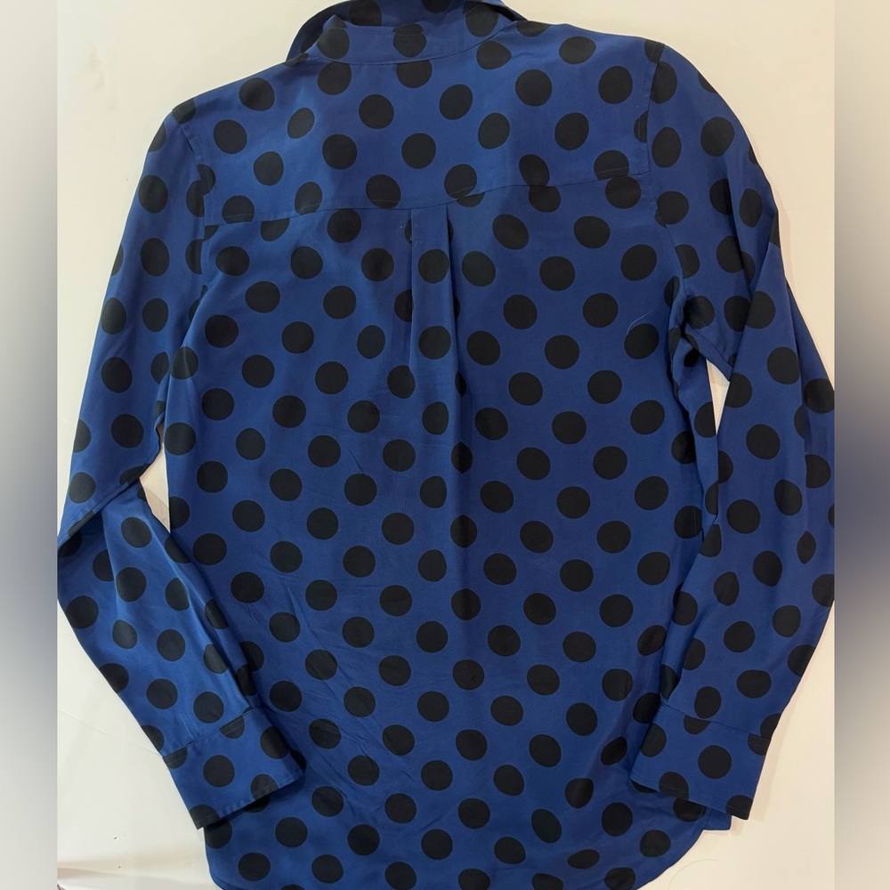 C Wonder 100% Silk Polka Dot Long Sleeve Button Down Blouse Blue Black XS - Picture 2 of 5